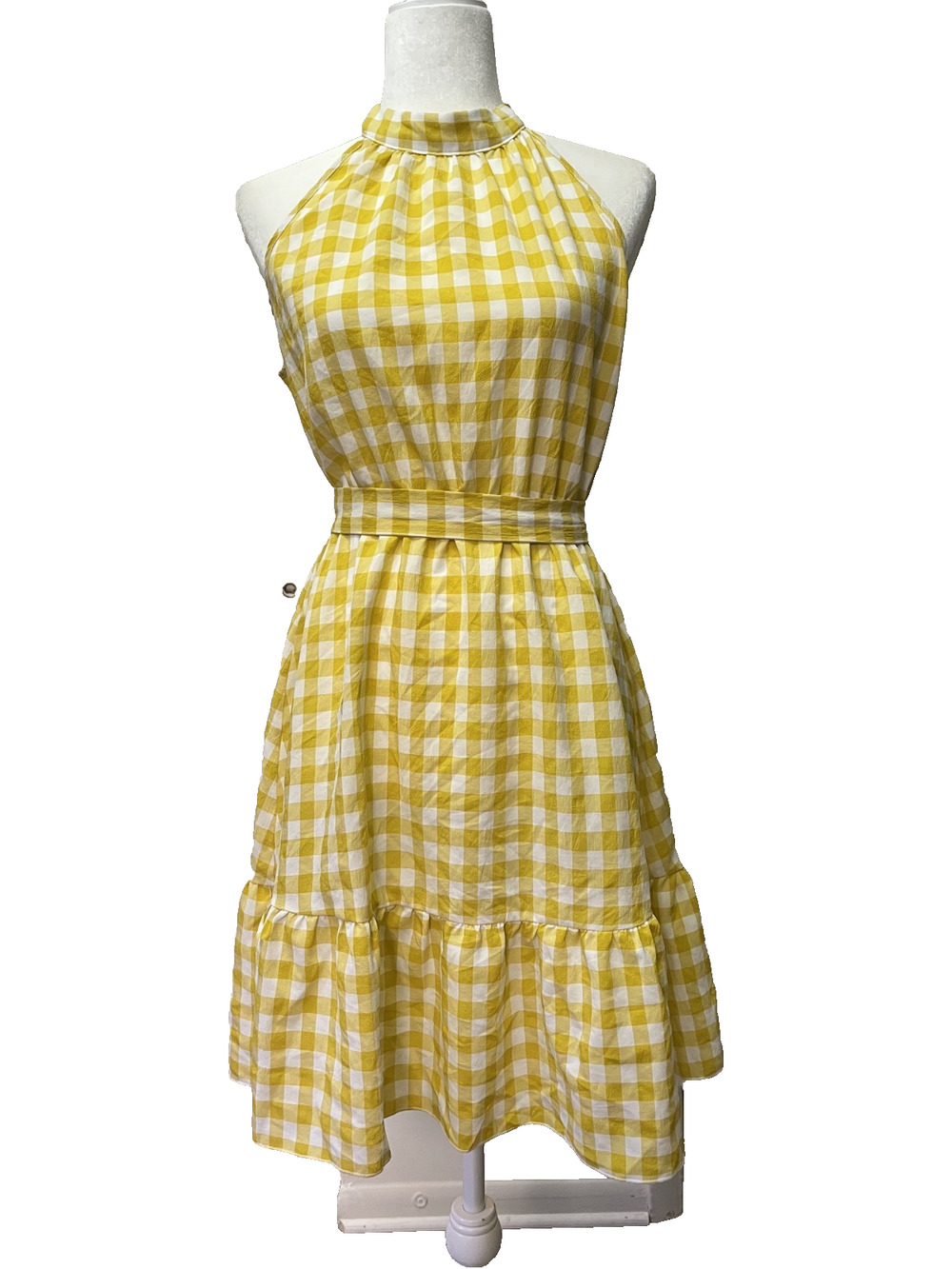 Women's Abyoxi Size Small Mock Neck Yellow Plaid 36" Length Dress Button Closure